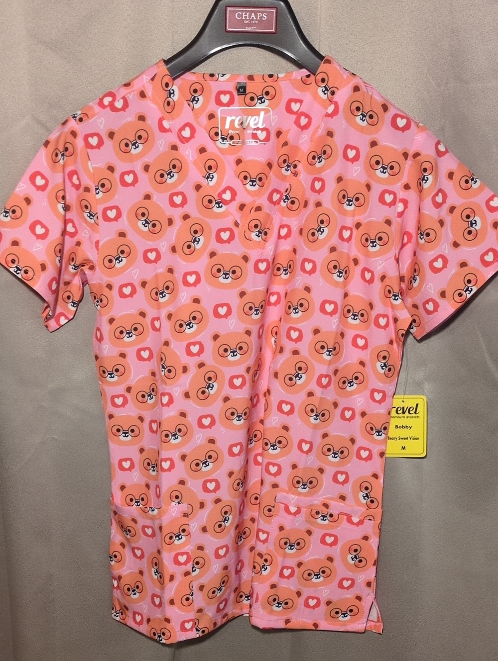 Revel Women's Pink Bearand Hearts Print Short Sleeve Scrub